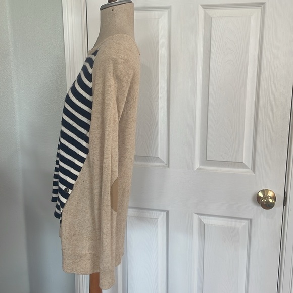 J Crew striped button flap wool pullover sweater elbow patches tan womens size M - Picture 4 of 13
